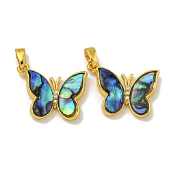 Rack Plating Brass Pave Natural Paua Shell Pendants, Butterfly Charms, Golden, 16x19.5x4.5mm, Hole: 5X2.5mm(KK-U025-02G-02)