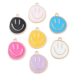 Alloy Enamel Pendants, Cadmium Free & Lead Free, Golden, Flat Round with Smiling Face Charm, Mixed Color, 24.5x19.5x1.5mm, Hole: 2mm(PALLOY-S192-03G)