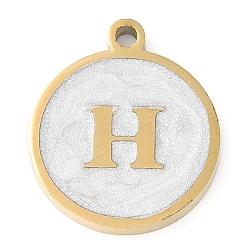 Ion Plating(IP) 201 Stainless Steel Pendants, with White Enamel, Real 18K Gold Plated, Flat Round with Letter, Letter H, 18.5x15.5x2mm, Hole: 1.6mm(STAS-K288-02G-H)