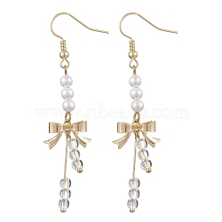 Shell Pearl Dangle Earrings, with Brass Connector Charms and 304 Stainless Steel Earring Hooks, Bowknot, White, Golden, 66x17mm(EJEW-JE05980)