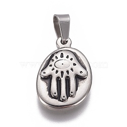 304 Stainless Steel Pendants, Oval with Hamsa Hand/Hand of Fatima/Hand of Miriam, Antique Silver, 20.5x14x3mm, Hole: 4x5mm(STAS-F223-22AS)