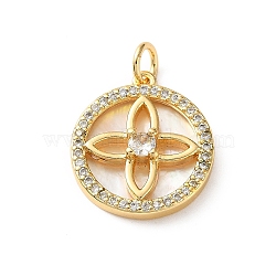 Brass Micro Pave Clear Cubic Zirconia Pendants, with White Shell, Flat Round with Flower Charms, Cadmium Free & Lead Free, Rack Plating, Long-Lasting Plated, Real 18K Gold Plated, 18x16x4mm, Hole: 3.5mm(CU-CBA03AF-06D-G)