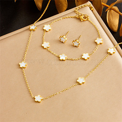 Stainless Steel & Natural Shell Chain Necklace & Bracelet & Stud Earring, Golden, Flower, 410mm & 160mm & 7mm(FS-WG047CA-04)