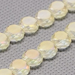 Electroplate Glass Beads Strands, Full Rainbow Plated, Faceted, Frosted, Flat Round, Light Goldenrod Yellow, 6x3.5mm, Hole: 1mm(EGLA-J032-6mm-F03)