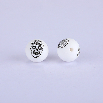 Printed Round with Skull Pattern Silicone Focal Beads, White, 15x15mm, Hole: 2mm