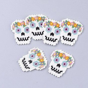 Handmade Japanese Seed Beads, with Nylon Wire, Loom Pattern, Sugar Skull, For Mexico Holiday Day of the Dead, Colorful, 31.5x27.5x1.8mm