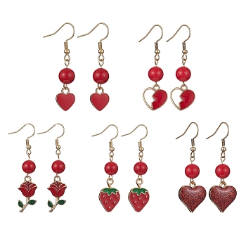 Alloy Enamel & Natural Dyed Mashan Jade Dangle Earrings, 304 Stainless Steel Drop Earrings for Valentine's Day, Mixed Shape, Red, 44~51x10~11mm