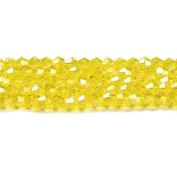 Transparent Electroplate Glass Beads Strands, AB Color Plated, Faceted, Bicone, Yellow, 2.9~3.3x2.5mm, Hole: 0.7mm, about 145~150pcs/strand, 16.34~16.54 inch(41.5~42cm)