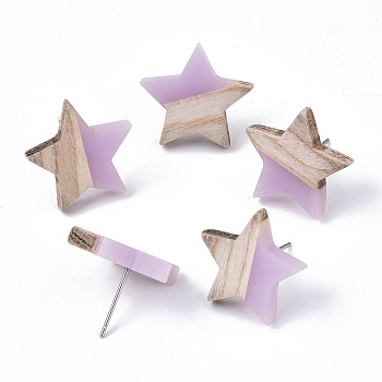 Transparent Resin & Wood Stud Earrings, with 304 Stainless Steel Pin, Star, Plum, 17x18mm, Pin: 0.7mm