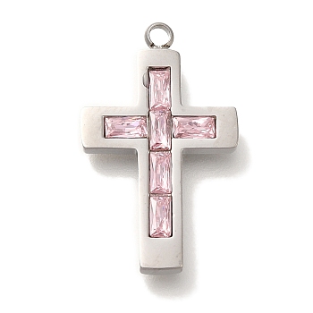 304 Stainless Steel Pendants, with Rhinestone, Cross Charm, Stainless Steel Color, Light Amethyst, 25x15x3mm, Hole: 2mm