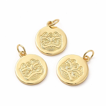 Rack Plating Eco-Friendly Brass Pendants, with Jump Ring, Long-Lasting Plated, Lead Free & Cadmium Free, Flat Round with Tiger Head Charm, Real 18K Gold Plated, 15x13x1.5mm, Hole: 4mm