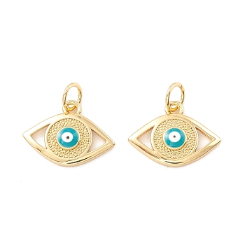 Rack Plating Brass Enamel Pendants, with Jump Ring, Cadmium Free & Nickel Free & Lead Free, Real 18K Gold Long-Lasting Plated, Evil Eye, Dark Turquoise, 11.5x16x2mm, Hole: 3.5mm