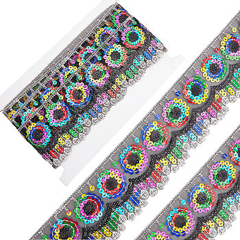 4~4.5M Ethnic Style Polyester Lace Trim with Colorful Paillette, Sparkle Embroidery Lace Ribbon, Sun Pattern, with 1Pc Thread Bobbins White Cards, Black, 2-3/8 inch(60mm)