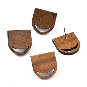 Walnut Wood Stud Earring Findings, with Hole and 304 Stainless Steel Pin, Half Oval, Peru, 17x16.5mm, Pin: 0.7mm