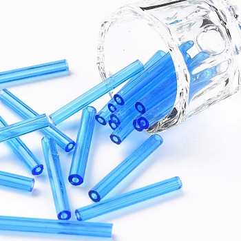 Glass Bugle Beads, Round Hole, Opaque Colours, Dodger Blue, 28x3mm, Hole: 1.2mm, about 850pcs/pound