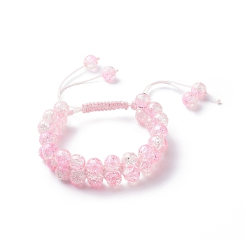 Bling Round Glass Braided Bead Bracelet, Double Layer Adjustable Bracelet for Women, Pink, Inner Diameter: 2~3-3/4 inch(5.1~9.6cm)