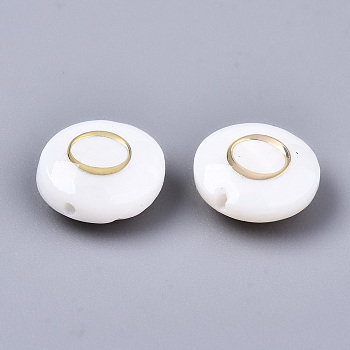 Natural Freshwater Shell Beads, with Golden Plated Brass Etched Metal Embellishments, Flat Round, Seashell Color, Letter.O, 8x3~5mm, Hole: 0.5~07mm