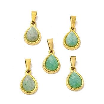 Natural Amazonite Faceted Teardrop Charms, with Golden Tone 304 Stainless Steel Snap on Bails, 14x9.5x4mm, Hole: 6x3mm