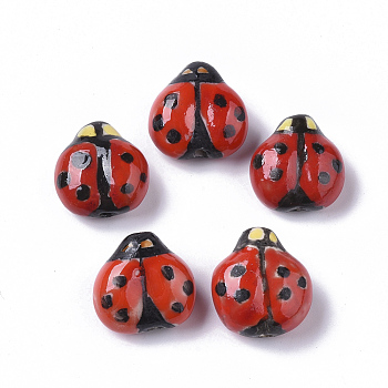 Handmade Porcelain Beads, Famille Rose Style, Ladybug, Red, 15.5~17x15~16x9~10mm, Hole: 1.6~2mm