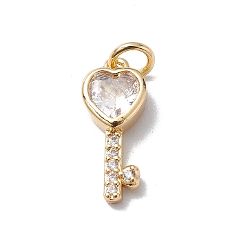 Brass Cubic Zirconia Pendants, Cadmium Free & Lead Free, Real 18K Gold Plated, Long-Lasting Plated, with Jump Ring, Heart Key Charm, Clear, 15x6x4mm, Hole: 3mm