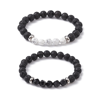 2Pcs 2 Style Natural Mixed Stone Beaded Stretch Bracelets, Stackable Bracelets, Inner Diameter: 2-1/2~2-5/8 inch(6.4~6.7cm), 1Pc/style