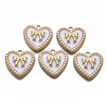 Alloy Enamel Pendants, Light Gold, with ABS Plastic Imitation Pearl, Cadmium Free & Nickel Free & Lead Free, Heart with Bowknot, White, 21.5x21.5x4.5mm, Hole: 1.8mm