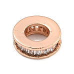 Rack Plating Brass Micro Pave Clear Cubic Zirconia European Beads, Large Hole Beads, Long-Lasting Plated, Lead Free & Cadmium Free, Flat Round, Rose Gold, 9x2.8mm, Hole: 4.8mm(KK-L215-021RG)