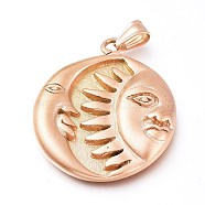 304 Stainless Steel Pendants, Sandblasting Effect, Flat Round with Sun and Moon, Matte Rose Gold Color, 35.5x30x4.5mm, Hole: 7x3mm(STAS-A046-02MRG)