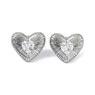 Heart 304 Stainless Steel Clear Cubic Zirconia Stud Earring for Women, Stainless Steel Color, 19.5x22.5mm(EJEW-Z047-05P-02)