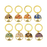 Tibetan Style Alloy & Natural Mixed Gemstone Chips Pendant Keychain, with Iron Split Rings, Flat Round with Tree of Life, Antique Golden, 5.35cm, 8pcs/set(KEYC-JKC00646-03)