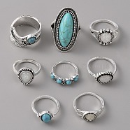 8Pcs 8 Style Alloy Finger Ring Sets for Women, with Synthetic Turquoise, Leaf/Oval/Teardrop/Flower/Half Round, Antique Silver, Inner Diameter: 15.3~17.7mm, 1pcs/style(RJEW-TAC0003-05)