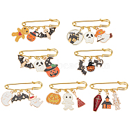 1Set Halloween Pumpkin & House & Skull & Bat Alloy Enamel Charms Safety Pin Brooch, Golden Iron Lapel Pins for Backpack Clothes, Mixed Color, 25~43mm, 1pc/style, 7 style, 7pcs(JEWB-BC0001-05)