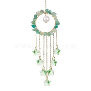 Glass Star Pendant Decorations, with Wire Wrapped Natural Green Aventurinet Chips and Natural Cultured Freshwater Pearl, for Home Decorations, 205mm, Hole: 9.7mm(HJEW-JM01247-04)