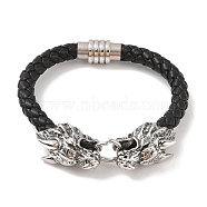 Braided Microfiber Leather Cord Bracelets, 304 Stainless Steel Dragon Bracelets for Men, Antique Silver, 8-1/2x1/4 inch(21.7x0.8cm)(BJEW-B096-19D)