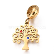 Ion Plating(IP) 304 Stainless Steel European Dangle Charms, Large Hole Pendants, with Rhinestone, Tree, Golden, 25.5mm, Hole: 4mm, Pendant: 15.5x13.5x1mm(STAS-O097-07G)
