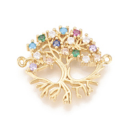 Brass Micro Pave Cubic Zirconia Links, Long-Lasting Plated, Lead Free & Cadmium Free & Nickel Free, Tree of Life, Colorful, Real 18K Gold Plated, 21x25x3mm, Hole: 1mm(ZIRC-L078-016G-NR)