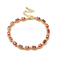 Enamel Evil Eye & Cubic Zirconia Rectangle Link Chain Bracelet, Golden Brass Jewelry for Women, Red, 7-1/4 inch(18.5cm)(BJEW-C029-02G-10)