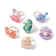 6Pcs 6 Style Sea Animal Theme Resin Adjustable Rings Set, Brass Stackable Rings, Sea Horse & Shell Shape & Crab & Dolphin, Mixed Color, Inner Diameter: 14.5mm, 1pc/style(RJEW-JR00619)