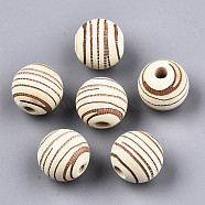 Painted Natural Wood Beads, Laser Engraved Pattern, Round with Zebra-Stripe, Light Yellow, 15.5~16.5x15mm, Hole: 4mm(WOOD-T021-54B-12)
