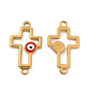 201 Stainless Steel Enamel Connector Charms, Real 24K Gold Plated, Religion Cross Links with Evil Eye, Red, 24x14x2.5mm, Hole: 1.8mm(STAS-P320-12G-02)