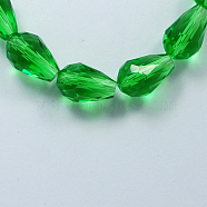 Glass Beads Strands, Faceted, teardrop, Green, 15x10mm, Hole: 2mm, about 48pcs/strand, 27.56 inch(70cm)(X-GLAA-R024-15x10mm-6)