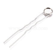 Iron Hair Fork Findings, with Flat Round Brass Cabochon Settings, Silver Color Plated, Tray: 10mm, 78x12x3mm(KK-M040-04A-S)