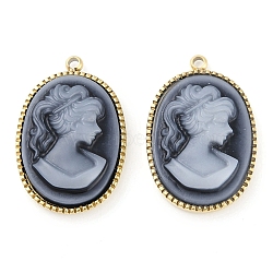 Opaque Resin Elegant Lady Cameo Pendants, Ion Plating(IP) 304 Stainless Steel Oval Charms, Manual Polishing, Gray, Real 18K Gold Plated, 22x14.5x4.5mm, Hole: 1.4mm(STAS-P366-45G)