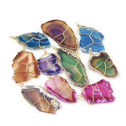 Dyed Natural Agate Pendants, with Steel Wire, Mixed Shape, Mixed Color, 40~71x26~32x3mm, Hole: 2.5mm(G-S279-24)