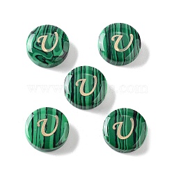 Synthetic Malachite Beads, with Golden Tone Brass Slices, Flat Round with Letter, Letter U, 15x5mm, Hole: 1.4mm(G-A238-01U)