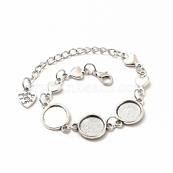 Alloy Bracelets & Anklets Making, Heart Link Bracelet, Blank Cabochon Setting, Antique Silver, 8-3/4 inch(22.2cm), Round Tray: 12mm(MAK-M027-07AS)