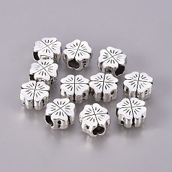 Tibetan Style Clover Flower Antique Silver European Beads, Biagi Jewelry Findings for Mother's Day Gifts Making, Lead Free and Cadmium Free, Size: about 10mm long, 10mm wide, 6mm thick, hole: 4mm(X-PALLOY-14467-AS-LF)