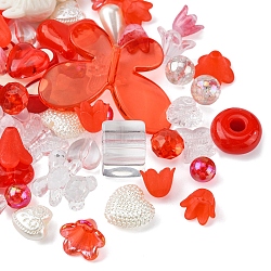Opaque & Transparent Acrylic Beads, Mixed Shapes, Red, 7.5~33x7.5~43.5x4.5~16mm, Hole: 1.2~4mm, about 50g/bag(MACR-YW0002-01F)