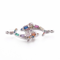 Brass Micro Pave Cubic Zirconia Links, Double Dolphin, Colorful, Platinum, 15x33x3mm, Hole: 1mm(ZIRC-L081-01P)