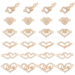 48Pcs 6 Styles Alloy Crystal Rhinestone Connector Charms, Heart Links, Light Gold, 10~15.5x21.5~28.5x2~3mm, Hole: 1.5~1.8mm, 8pcs/style(RB-SC0001-10)